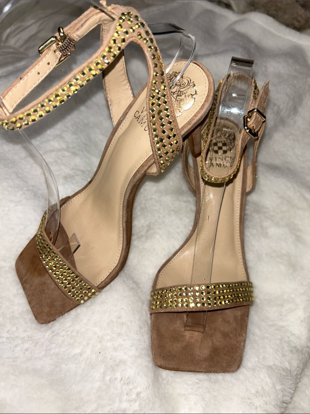 Vince Camuto Tan Suede Studded Ankle-Strap Heels
